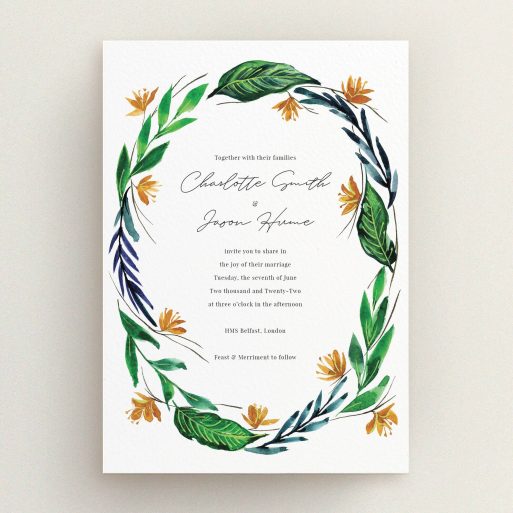 A personalised wedding invitation named "Summer Whirl Wreath". It is an A5 invite in a portrait orientation. "Summer Whirl Wreath" is available as a flat invite, with tones of green, dark blue and orange.