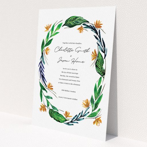 A personalised wedding invitation named 'Summer Whirl Wreath'. It is an A5 invite in a portrait orientation. 'Summer Whirl Wreath' is available as a flat invite, with tones of green, dark blue and orange.