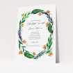 A personalised wedding invitation named "Summer Whirl Wreath". It is an A5 invite in a portrait orientation. "Summer Whirl Wreath" is available as a flat invite, with tones of green, dark blue and orange.