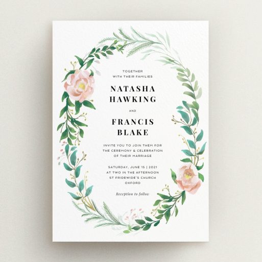 A personalised wedding invitation design called "Summer Wreath Portrait". It is an A5 invite in a portrait orientation. "Summer Wreath Portrait" is available as a flat invite, with tones of white, light green and pink.