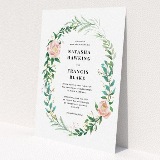 A personalised wedding invitation design called 'Summer Wreath Portrait'. It is an A5 invite in a portrait orientation. 'Summer Wreath Portrait' is available as a flat invite, with tones of white, light green and pink.