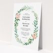 A personalised wedding invitation design called "Summer Wreath Portrait". It is an A5 invite in a portrait orientation. "Summer Wreath Portrait" is available as a flat invite, with tones of white, light green and pink.