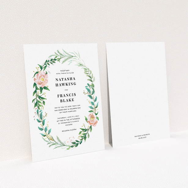 A personalised wedding invitation design called "Summer Wreath Portrait". It is an A5 invite in a portrait orientation. "Summer Wreath Portrait" is available as a flat invite, with tones of white, light green and pink.