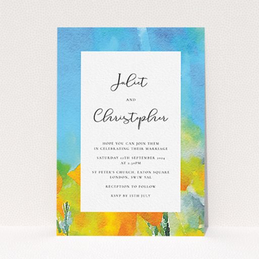 A personalised wedding invitation design called "Sunny Meadow". It is an A6 invite in a portrait orientation. "Sunny Meadow" is available as a flat invite, with tones of blue, yellow and orange.