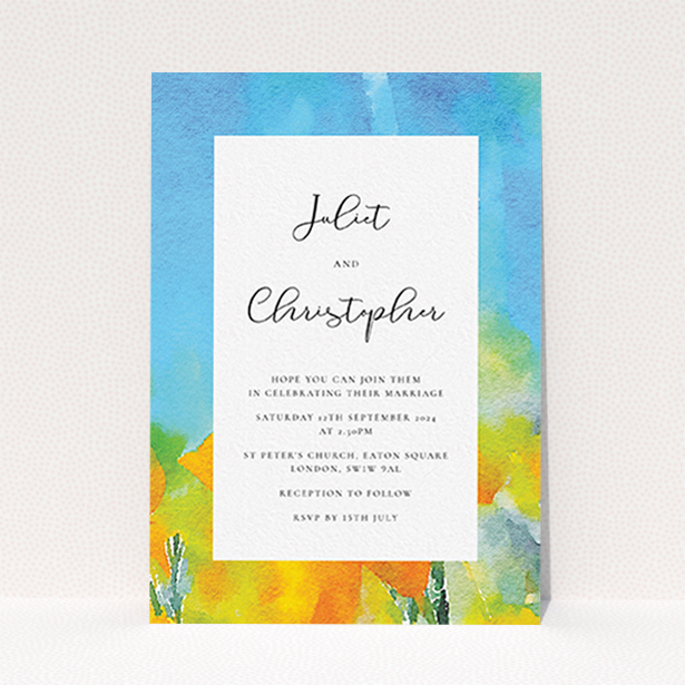 A personalised wedding invitation design called "Sunny Meadow". It is an A6 invite in a portrait orientation. "Sunny Meadow" is available as a flat invite, with tones of blue, yellow and orange.