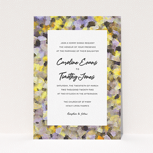 A personalised wedding invitation design titled "Sunrise Oils". It is an A6 invite in a portrait orientation. "Sunrise Oils" is available as a flat invite, with tones of yellow, light purple and grey.