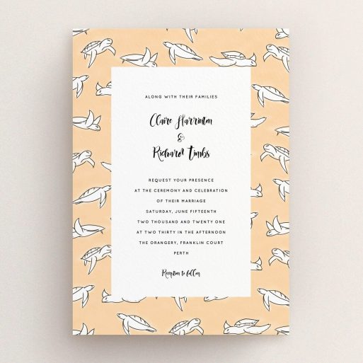 A personalised wedding invitation called "Sunset Turtles". It is an A5 invite in a portrait orientation. "Sunset Turtles" is available as a flat invite, with tones of faded orange and white.