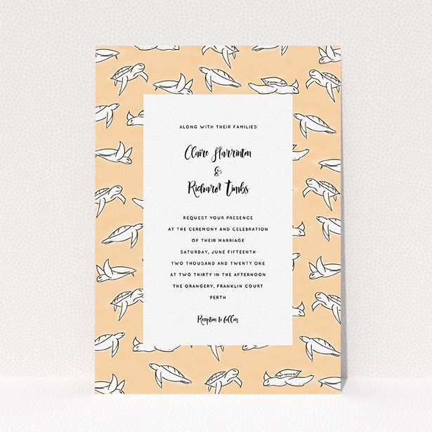 A personalised wedding invitation called "Sunset Turtles". It is an A5 invite in a portrait orientation. "Sunset Turtles" is available as a flat invite, with tones of faded orange and white.