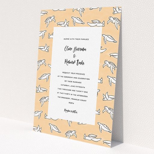 A personalised wedding invitation called 'Sunset Turtles'. It is an A5 invite in a portrait orientation. 'Sunset Turtles' is available as a flat invite, with tones of faded orange and white.