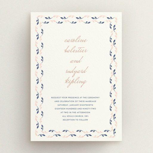 A personalised wedding invitation named "Swimming in the garden". It is an A5 invite in a portrait orientation. "Swimming in the garden" is available as a flat invite, with tones of cream, pink and navy blue.