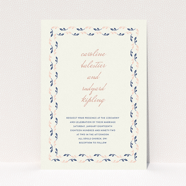 A personalised wedding invitation named "Swimming in the garden". It is an A5 invite in a portrait orientation. "Swimming in the garden" is available as a flat invite, with tones of cream, pink and navy blue.