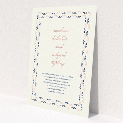 A personalised wedding invitation named 'Swimming in the garden'. It is an A5 invite in a portrait orientation. 'Swimming in the garden' is available as a flat invite, with tones of cream, pink and navy blue.