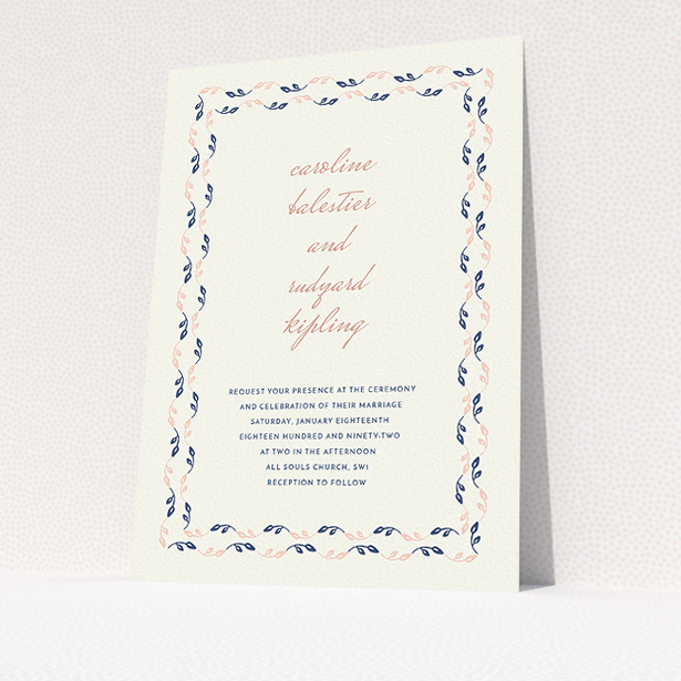 A personalised wedding invitation named "Swimming in the garden". It is an A5 invite in a portrait orientation. "Swimming in the garden" is available as a flat invite, with tones of cream, pink and navy blue.