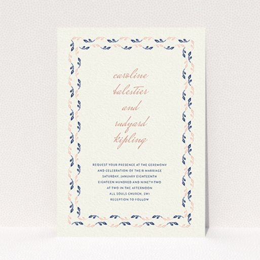 A personalised wedding invitation design called "Swimming in the garden". It is an A6 invite in a portrait orientation. "Swimming in the garden" is available as a flat invite, with tones of cream, pink and navy blue.
