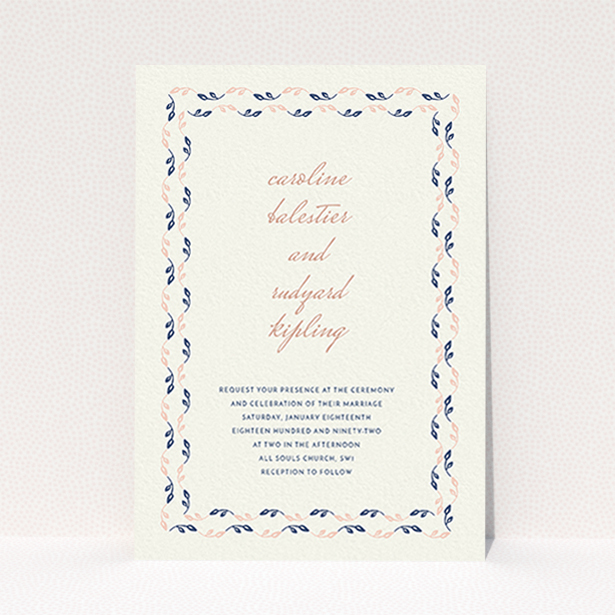 A personalised wedding invitation design called "Swimming in the garden". It is an A6 invite in a portrait orientation. "Swimming in the garden" is available as a flat invite, with tones of cream, pink and navy blue.