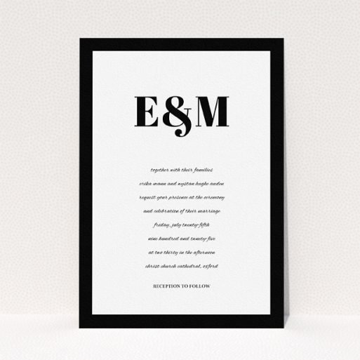 A personalised wedding invitation design titled "Take on the sides". It is an A5 invite in a portrait orientation. "Take on the sides" is available as a flat invite, with tones of black and white.
