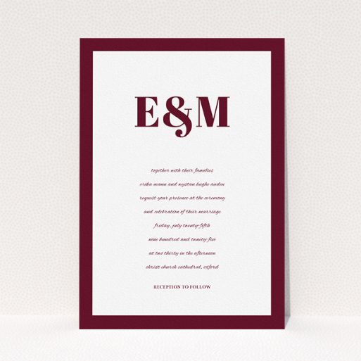 A personalised wedding invitation template titled "Take on the sides". It is an A5 invite in a portrait orientation. "Take on the sides" is available as a flat invite, with tones of burgundy and white.