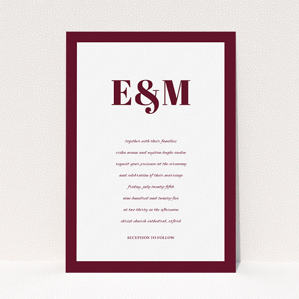A personalised wedding invitation template titled "Take on the sides". It is an A5 invite in a portrait orientation. "Take on the sides" is available as a flat invite, with tones of burgundy and white.