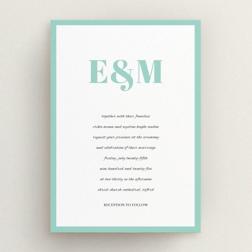 A personalised wedding invitation called "Take on the sides". It is an A5 invite in a portrait orientation. "Take on the sides" is available as a flat invite, with tones of green and white.