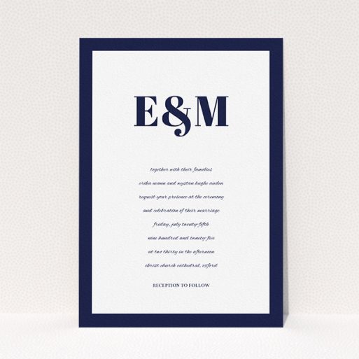 A personalised wedding invitation design named "Take on the sides". It is an A5 invite in a portrait orientation. "Take on the sides" is available as a flat invite, with tones of navy blue and white.