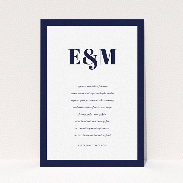 A personalised wedding invitation design named "Take on the sides". It is an A5 invite in a portrait orientation. "Take on the sides" is available as a flat invite, with tones of navy blue and white.