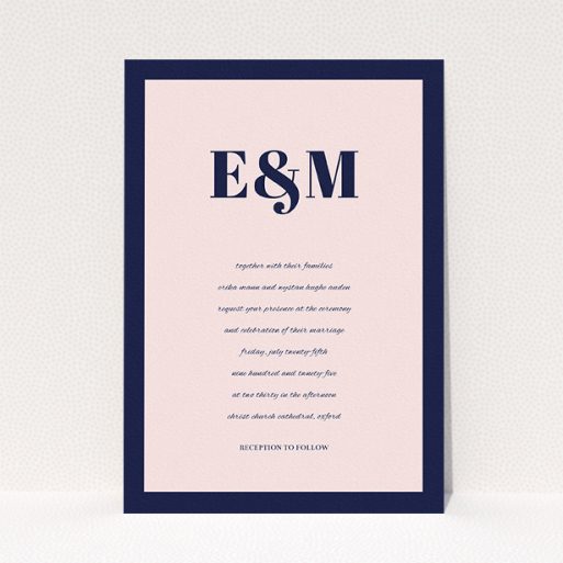 A personalised wedding invitation called "Take on the sides". It is an A5 invite in a portrait orientation. "Take on the sides" is available as a flat invite, with tones of navy blue and pink.