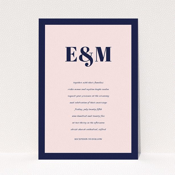A personalised wedding invitation called "Take on the sides". It is an A5 invite in a portrait orientation. "Take on the sides" is available as a flat invite, with tones of navy blue and pink.