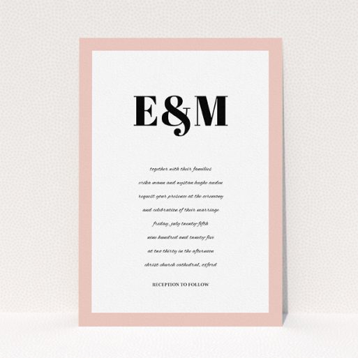 A personalised wedding invitation named "Take on the sides". It is an A5 invite in a portrait orientation. "Take on the sides" is available as a flat invite, with tones of pink, white and black.