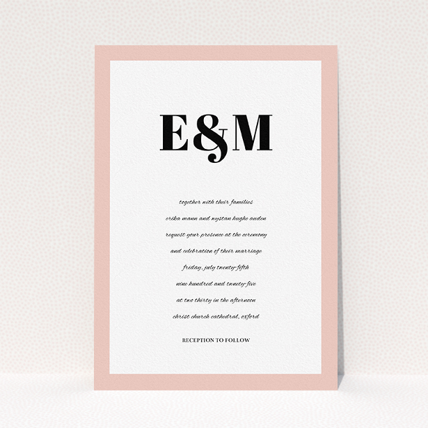 A personalised wedding invitation named "Take on the sides". It is an A5 invite in a portrait orientation. "Take on the sides" is available as a flat invite, with tones of pink, white and black.