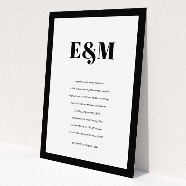 A personalised wedding invitation design titled 'Take on the sides'. It is an A5 invite in a portrait orientation. 'Take on the sides' is available as a flat invite, with tones of black and white.