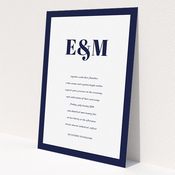 A personalised wedding invitation design named 'Take on the sides'. It is an A5 invite in a portrait orientation. 'Take on the sides' is available as a flat invite, with tones of navy blue and white.