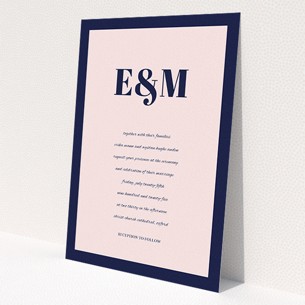 A personalised wedding invitation called 'Take on the sides'. It is an A5 invite in a portrait orientation. 'Take on the sides' is available as a flat invite, with tones of navy blue and pink.