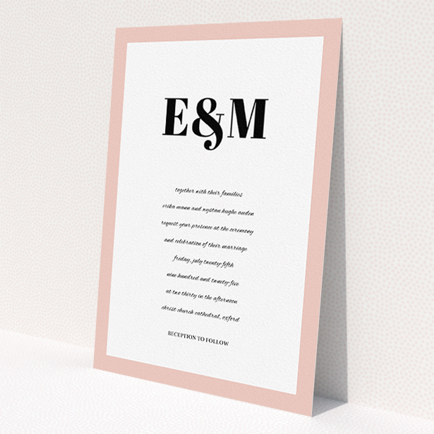 A personalised wedding invitation named 'Take on the sides'. It is an A5 invite in a portrait orientation. 'Take on the sides' is available as a flat invite, with tones of pink, white and black.