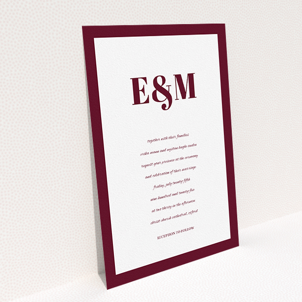 A personalised wedding invitation template titled "Take on the sides". It is an A5 invite in a portrait orientation. "Take on the sides" is available as a flat invite, with tones of burgundy and white.