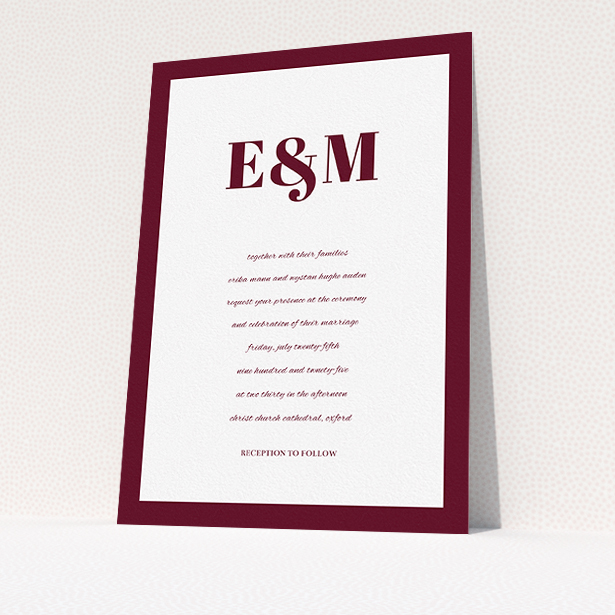 A personalised wedding invitation template titled "Take on the sides". It is an A5 invite in a portrait orientation. "Take on the sides" is available as a flat invite, with tones of burgundy and white.