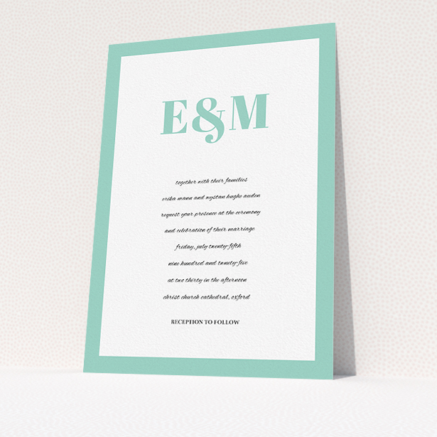 A personalised wedding invitation called "Take on the sides". It is an A5 invite in a portrait orientation. "Take on the sides" is available as a flat invite, with tones of green and white.
