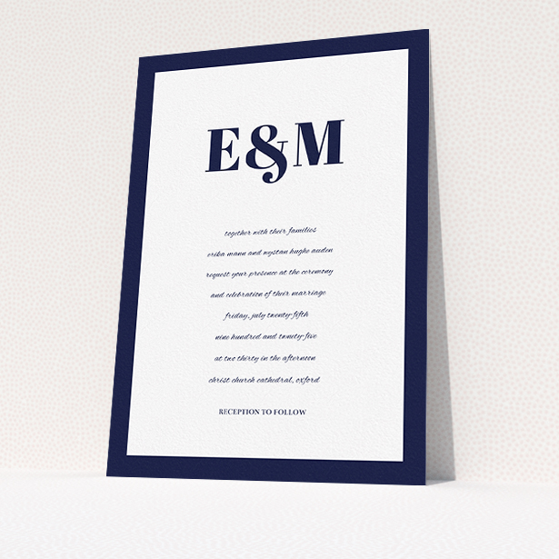 A personalised wedding invitation design named "Take on the sides". It is an A5 invite in a portrait orientation. "Take on the sides" is available as a flat invite, with tones of navy blue and white.