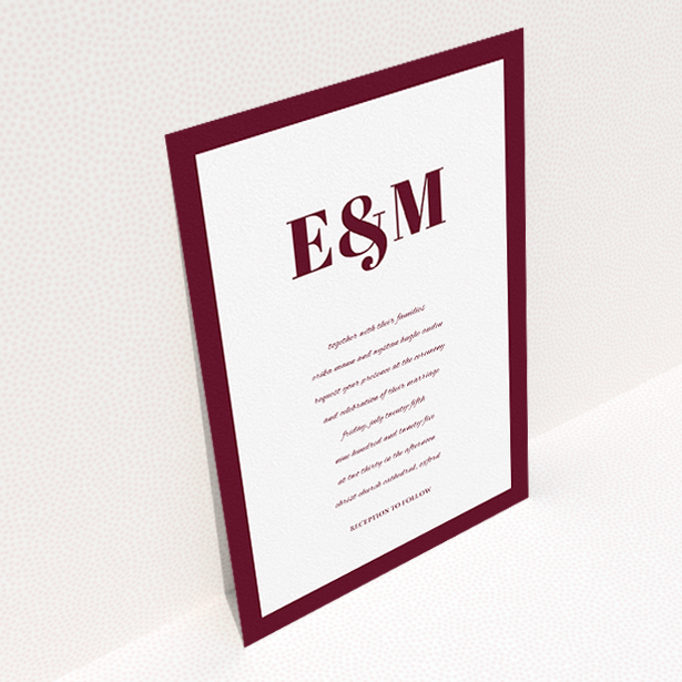 A personalised wedding invitation template titled "Take on the sides". It is an A5 invite in a portrait orientation. "Take on the sides" is available as a flat invite, with tones of burgundy and white.