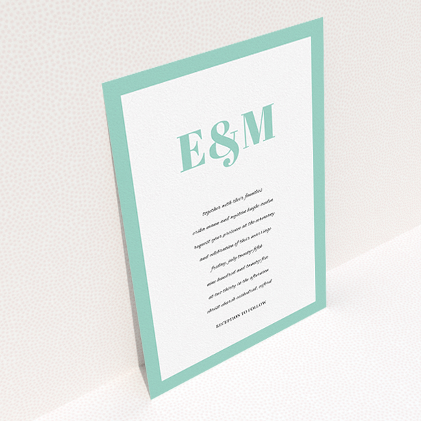 A personalised wedding invitation called "Take on the sides". It is an A5 invite in a portrait orientation. "Take on the sides" is available as a flat invite, with tones of green and white.