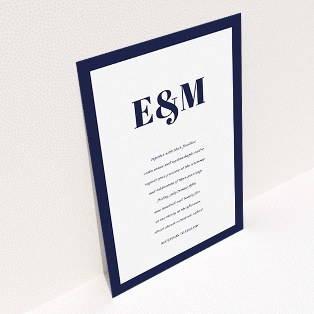 A personalised wedding invitation design named "Take on the sides". It is an A5 invite in a portrait orientation. "Take on the sides" is available as a flat invite, with tones of navy blue and white.