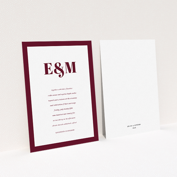 A personalised wedding invitation template titled "Take on the sides". It is an A5 invite in a portrait orientation. "Take on the sides" is available as a flat invite, with tones of burgundy and white.