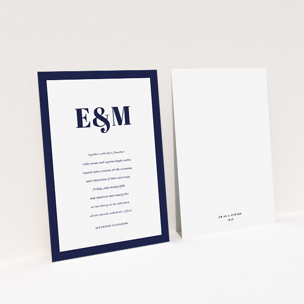 A personalised wedding invitation design named "Take on the sides". It is an A5 invite in a portrait orientation. "Take on the sides" is available as a flat invite, with tones of navy blue and white.