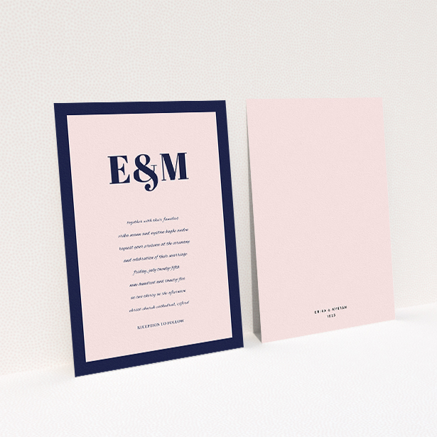 A personalised wedding invitation called "Take on the sides". It is an A5 invite in a portrait orientation. "Take on the sides" is available as a flat invite, with tones of navy blue and pink.