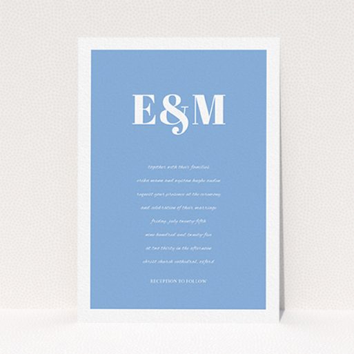 A personalised wedding invitation design titled "Take on the sides". It is an A6 invite in a portrait orientation. "Take on the sides" is available as a flat invite, with tones of blue and white.