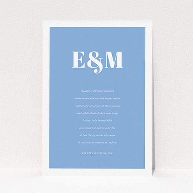 A personalised wedding invitation design titled "Take on the sides". It is an A6 invite in a portrait orientation. "Take on the sides" is available as a flat invite, with tones of blue and white.