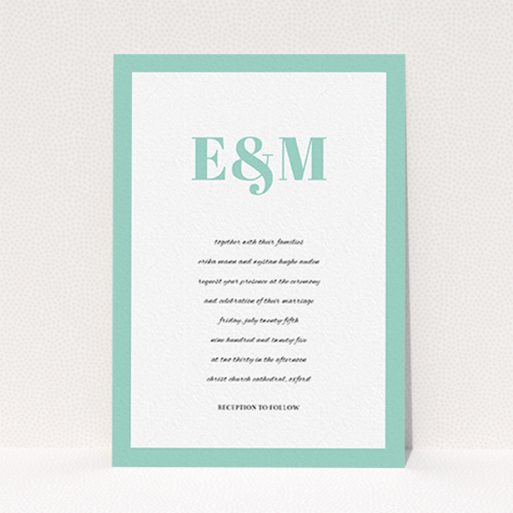 A personalised wedding invitation named "Take on the sides". It is an A6 invite in a portrait orientation. "Take on the sides" is available as a flat invite, with tones of green and white.