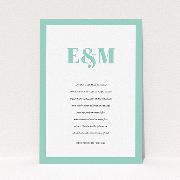 A personalised wedding invitation named "Take on the sides". It is an A6 invite in a portrait orientation. "Take on the sides" is available as a flat invite, with tones of green and white.