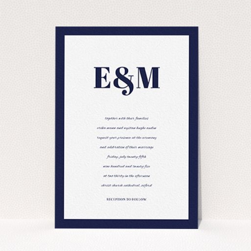 A personalised wedding invitation template titled "Take on the sides". It is an A6 invite in a portrait orientation. "Take on the sides" is available as a flat invite, with tones of navy blue and white.