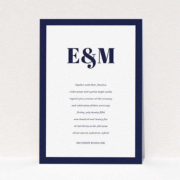 A personalised wedding invitation template titled "Take on the sides". It is an A6 invite in a portrait orientation. "Take on the sides" is available as a flat invite, with tones of navy blue and white.