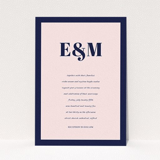 A personalised wedding invitation named "Take on the sides". It is an A6 invite in a portrait orientation. "Take on the sides" is available as a flat invite, with tones of navy blue and pink.